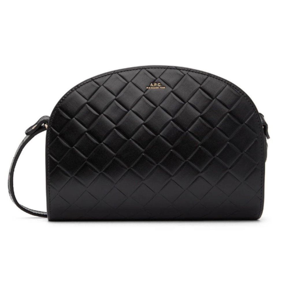 A.P.C. Quilted Black Leather Dome Shoulder Bag with Gold Logo